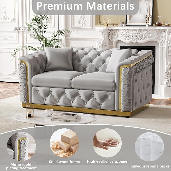 62.2" Luxury Velvet Chesterfield Sofa Tufted Victorian Black and Gold Couch - Image 5