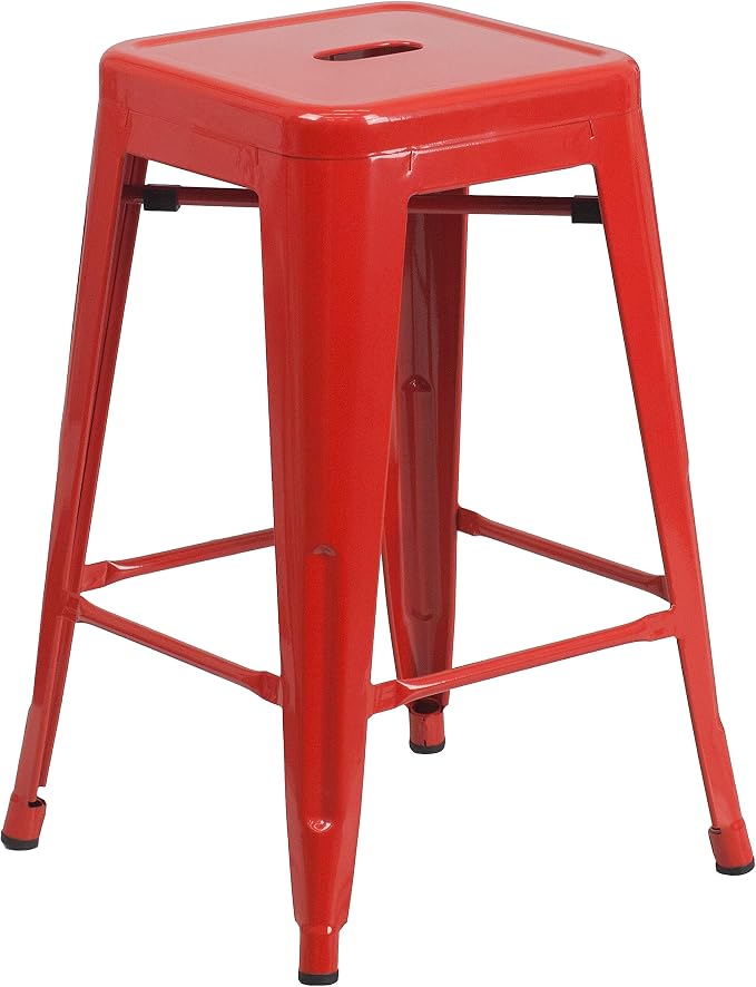 Flash Furniture Kai Commercial Grade 24" High Backless Red Metal Indoor-Outdoor by FlashFurniture