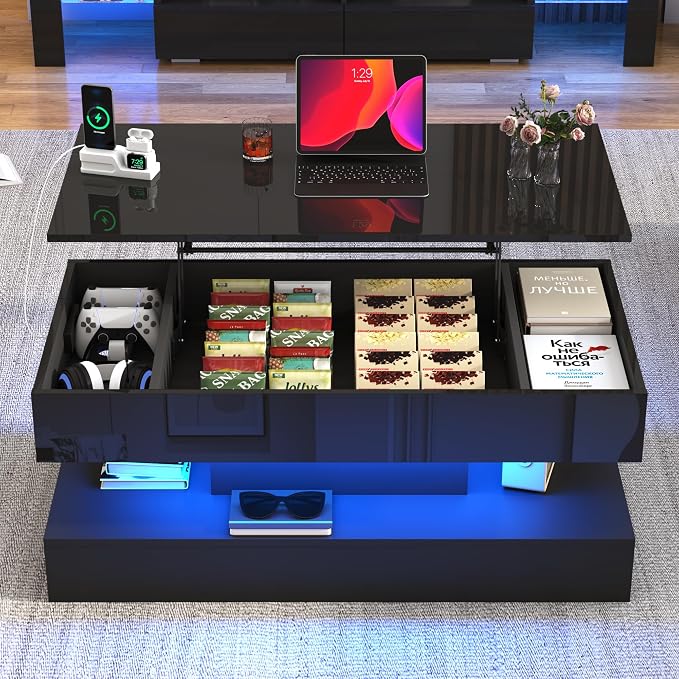 39.4" Large Lift Top Coffee Table, Modern High Glossy LED Coffee Tables - Image 7