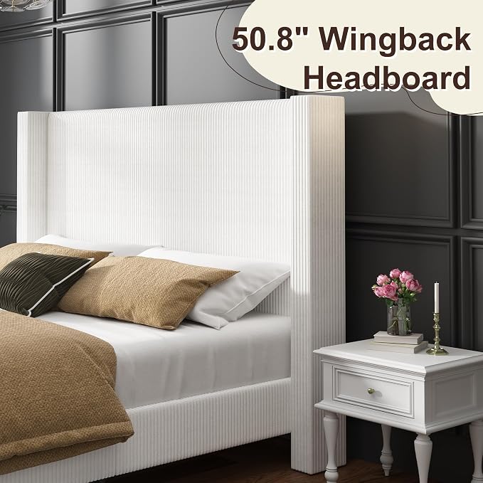 HOWE King Size Bed Frame with 50.8" Tall Wingback Headboard, Modern Corduroy - Image 5