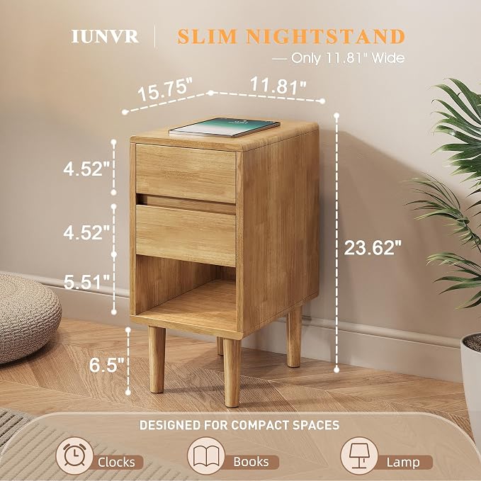 Nightstand 2 Drawers with Open Shelf Narrow Night Stand Solid Wood Bedside - Image 2