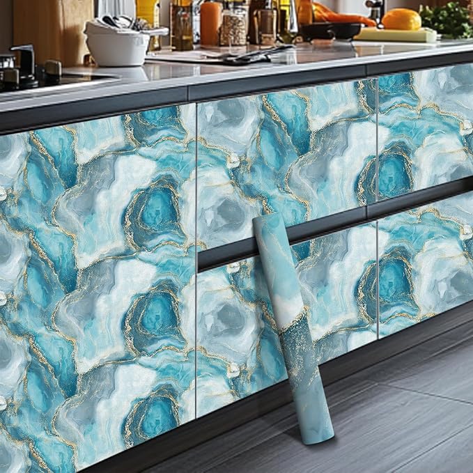HOMETITUTE Teal Agate Marble Wallpaper Peel and Stick Blue Stone Pattern - Image 7