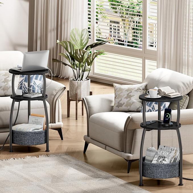 Round Side Table with Power Outlets, Small Coffee Table with S Basket, Space - Image 2