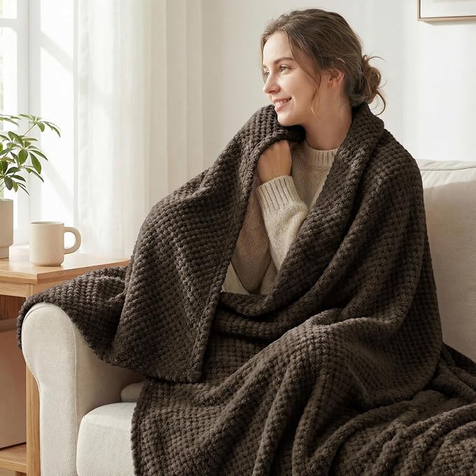 Exclusivo Mezcla Soft Waffle Fleece Bed Blanket Twin Size, Coffee | Lightweight - Image 2