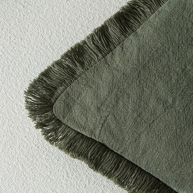 MIULEE Boho Linen Fringe Decorative Throw Pillow Covers Rifle Green 20x20 | Set - Image 3