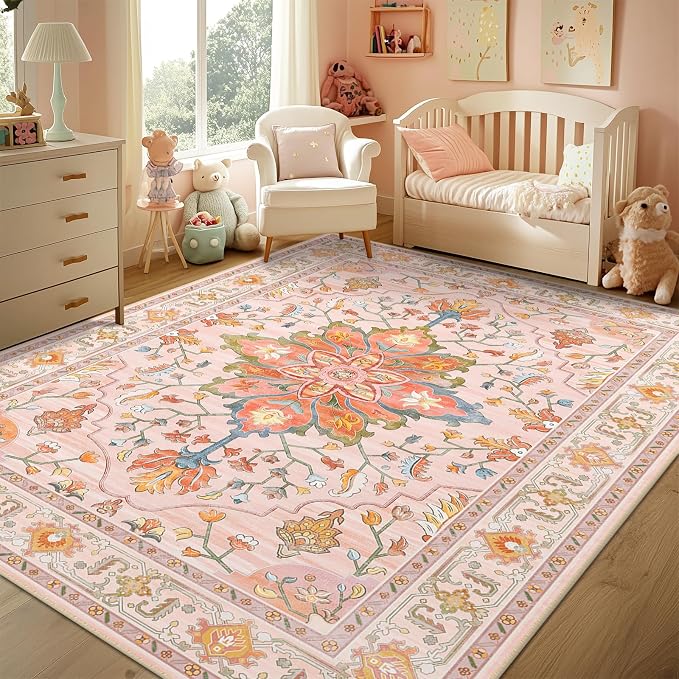 RELEANY Washable Area Rug, Water Repellent, Pet Friendly, Vintage Floral Boho - Image 4