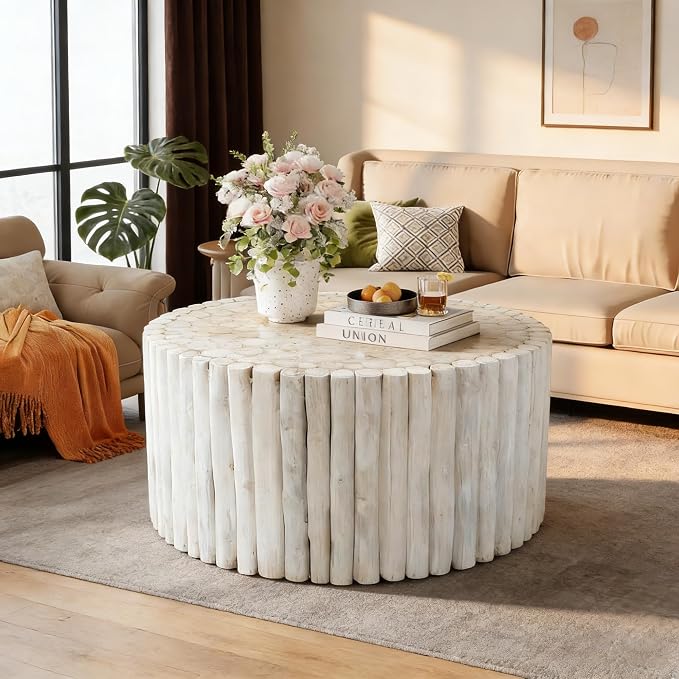 DUHOME Boho Round Coffee Table, Hand-Assembled from Solid Wood Sticks, Organic - Image 7