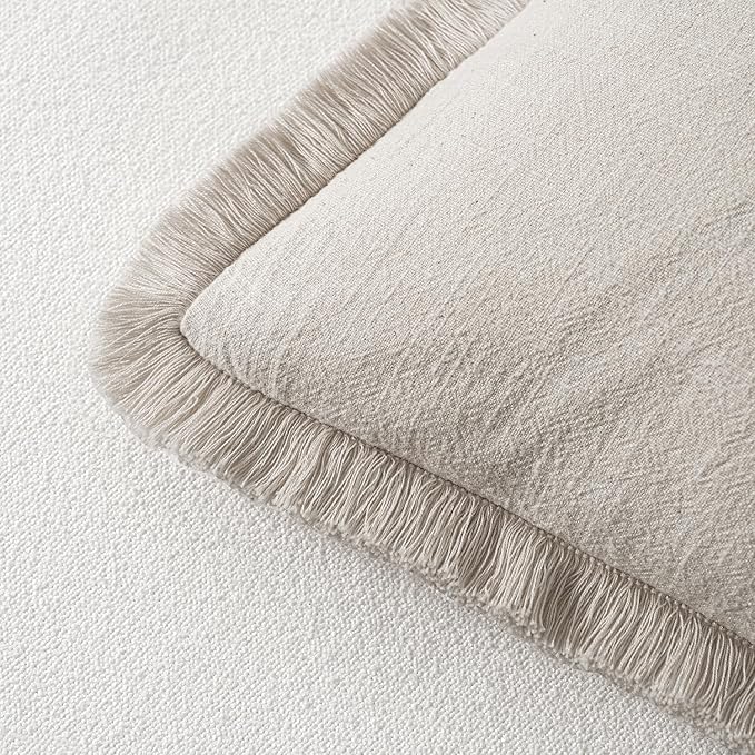 MIULEE Linen Fringe Decorative Throw Pillow Covers Natural Beige 16x16 | Set of - Image 3