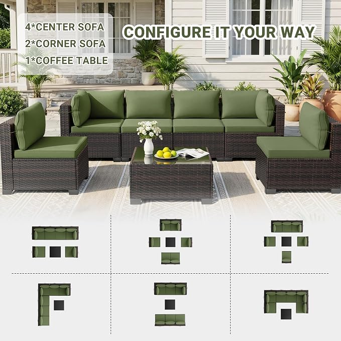 LEVELEVE 7 Pieces Outdoor Patio Furniture Sets, Rattan Conversation Sectional - Image 3