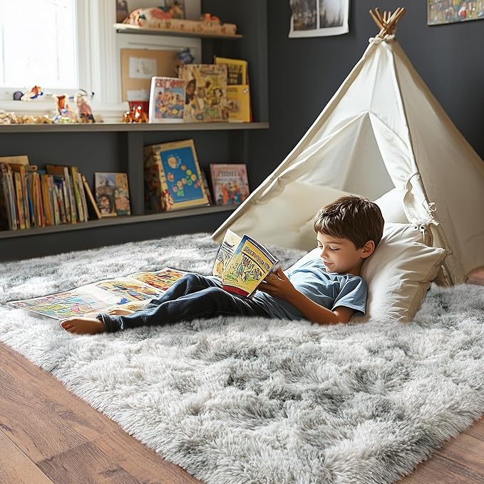 Super Fluffy Area Rug for Living Room 5x7, Shaggy Carpet, Tie Dye Grey | Modern - Image 4