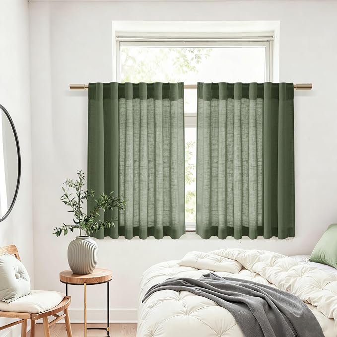 Olive Green Linen Curtains 30 Inch Length Short Kitchen, Semi Sheer Light - Image 6