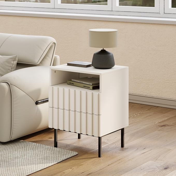 UEV Beige Fluted Nightstand Set of 2, Modern Nightstand - Image 2