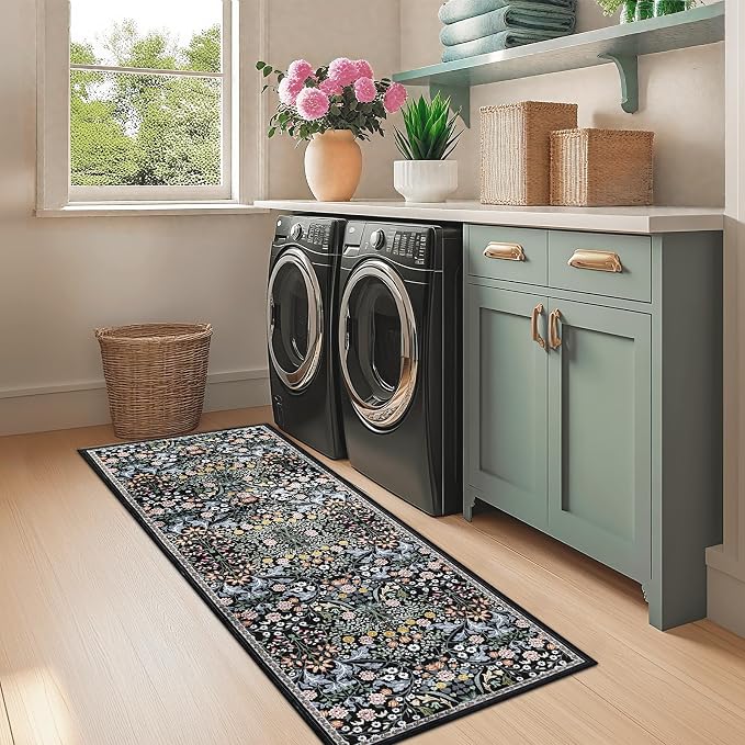 PLHXFR 2.6x8 Washable Runner Rug：Floral Indoor Kitchen Carpet Dark Black | - Image 4