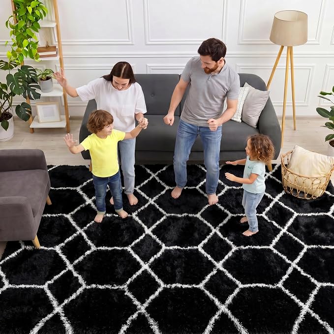 5x7 Area Rugs for Living Room Bedroom, Fluffy Black and White Geometric Rug | - Image 3