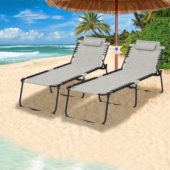 GYMAX Lounge Chair for Outside, 440lbs 27” Oversize Folding Beach Tanning - Image 2