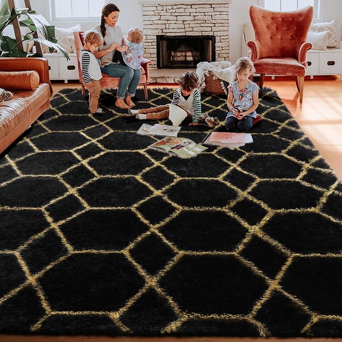 Area Rugs for Living Room, 5x8 Fluffy Black and Gold Bedroom Geometric Rug | - Image 8