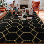 7x9 Area Rugs for Living Room Bedroom, Fluffy Black and Gold Geometric Rug | - Image 7
