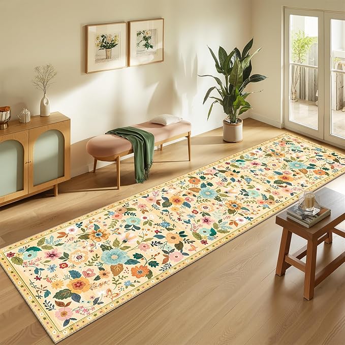 Floral Washable 2x8 Area Rugs Runner Entryway Hallway Ivory/Yellow | Flower by RELEANY