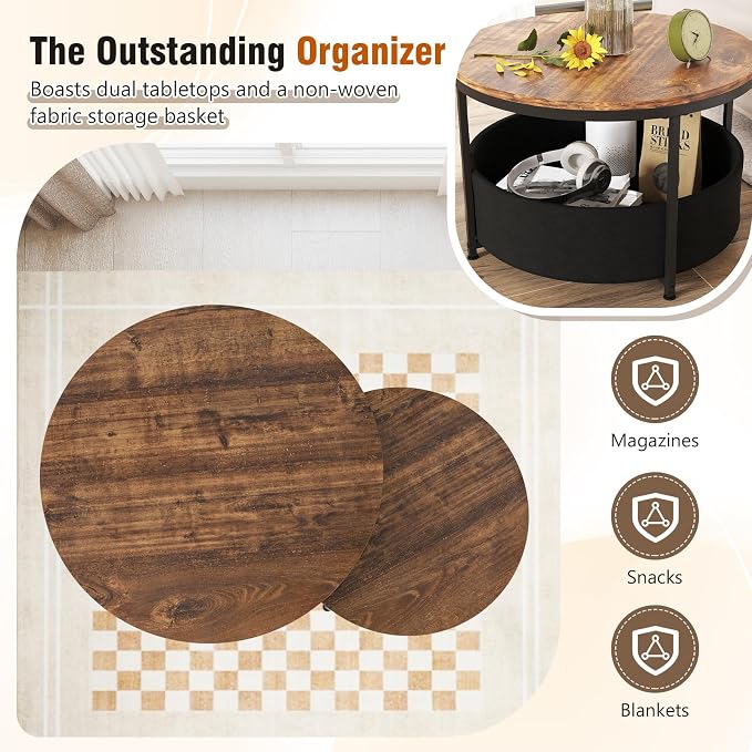 Tangkula Round Nesting Coffee Table Set of 2, Wooden Center End Table - Image 6