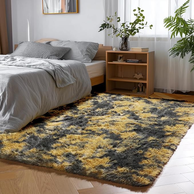 Black and Yellow Bedroom Rugs 4x6 Ft, Fluffy Modern Living Room Area Rug | - Image 5