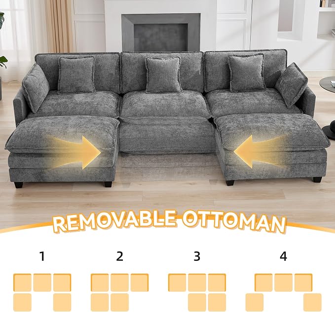 111'' Sectional Cloud Deep Seat Couch, Oversized Chenille U Shaped Sectional - Image 6