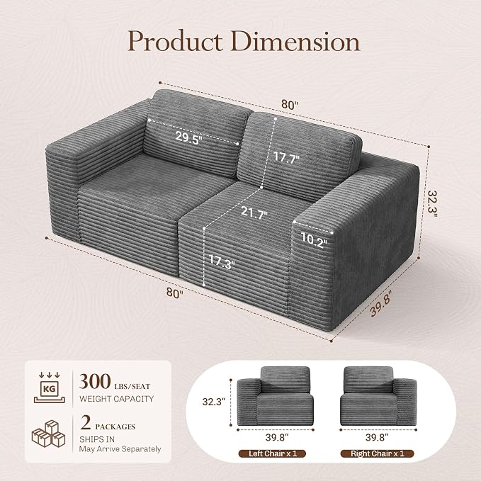 Vesgantti 80" Modular Sectional Sofa, Corduroy Cloud Couch - Image 2
