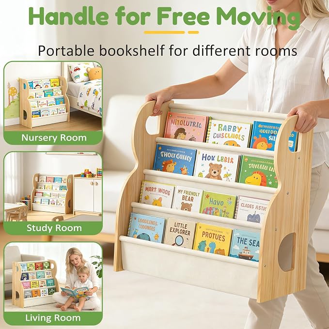XiaZ Child Book Shelf Wooden Montessori Toddler Bookshelf Solid Pine B-Frame - Image 6