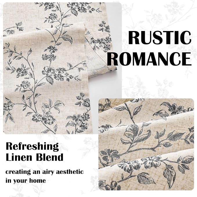 Extra Long Black Vintage Floral Linen Curtains Farmhouse 2 Panels | Elisa Series - Image 3