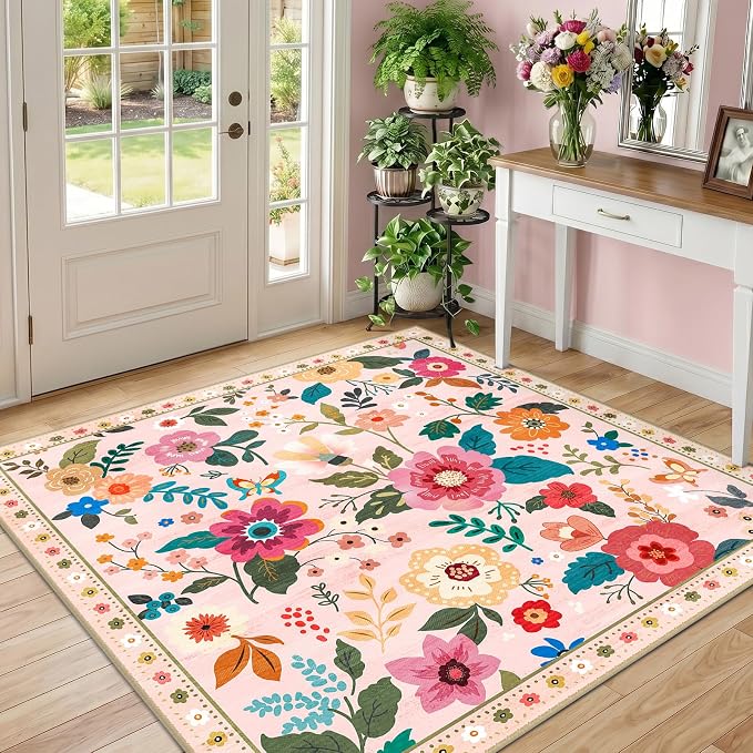 RELEANY Floral Washable Square 4ft Area Rug Pink | Flower Carpet Print Boho - Image 2