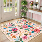 RELEANY Floral Washable Square 5ft Area Rug Pink | Flower Carpet Print Boho by RELEANY