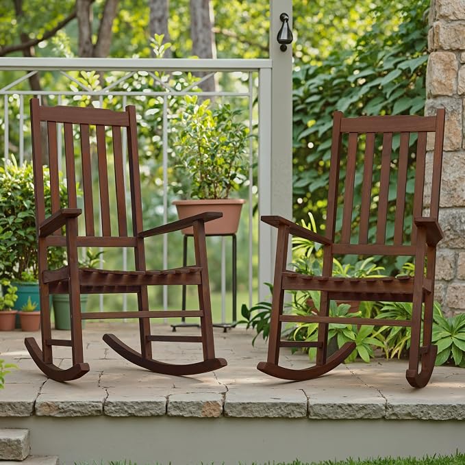 Flamaker Acacia Wood Patio Rocking Chair Set of 2, High Back and Widen Armrest - Image 2