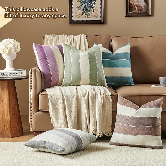 AmHoo Pack of 2 Farmhouse Stripe Check Throw Pillow Covers Set Case Cotton - Image 5