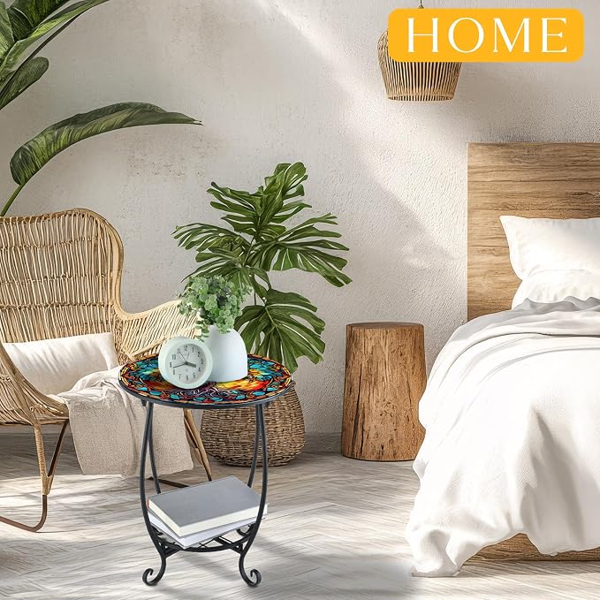 Cinnvoice Outdoor Side Table Round Small Mosaic Patio Accent Indoor End Plant - Image 4