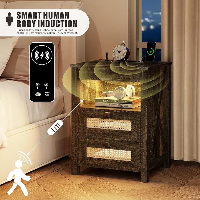 Night Stand with Gun Drawer, Bedside Table with Charger Station & LED Human - Image 7