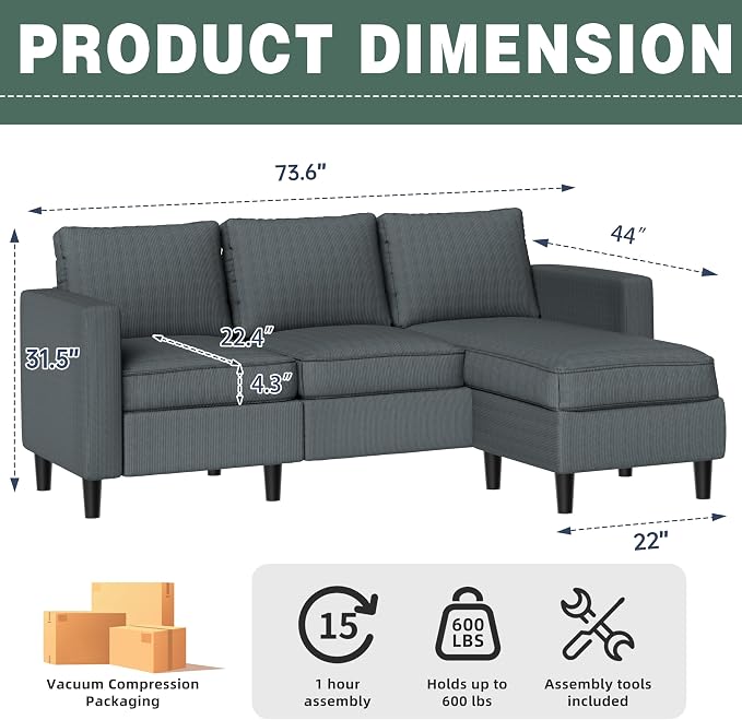 SUNLEI Small L-Shaped Sectional Couch, Modern Grey Couch - Image 2