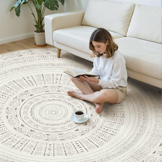 cotiled 8x8 Round Rug 8ft Circle Living Room Boho Area Rugs | Washable Foldable - Image 5