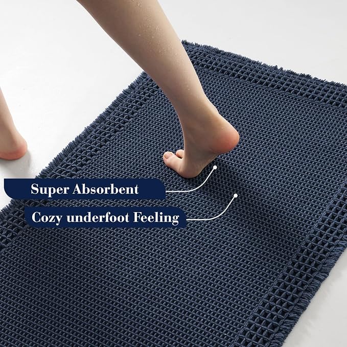 RESARE Waffle Bathroom Runner Rugs, Non Slip Boho Bath Mat 24"x72" Navy | Long - Image 3