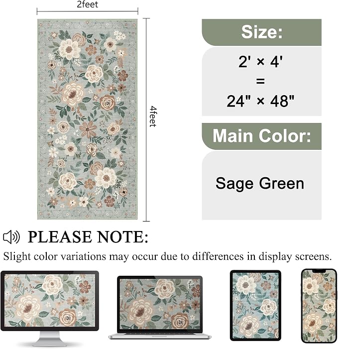 DUKINO 2x4 Entryway Rug, Floral Washable Kitchen Rugs Non Slip, Sage Green | - Image 2