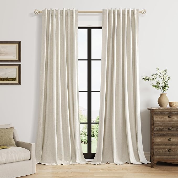 100% Blackout Linen Curtains for Bedroom 96 inches Long, Thermal Insulated Room by Guken