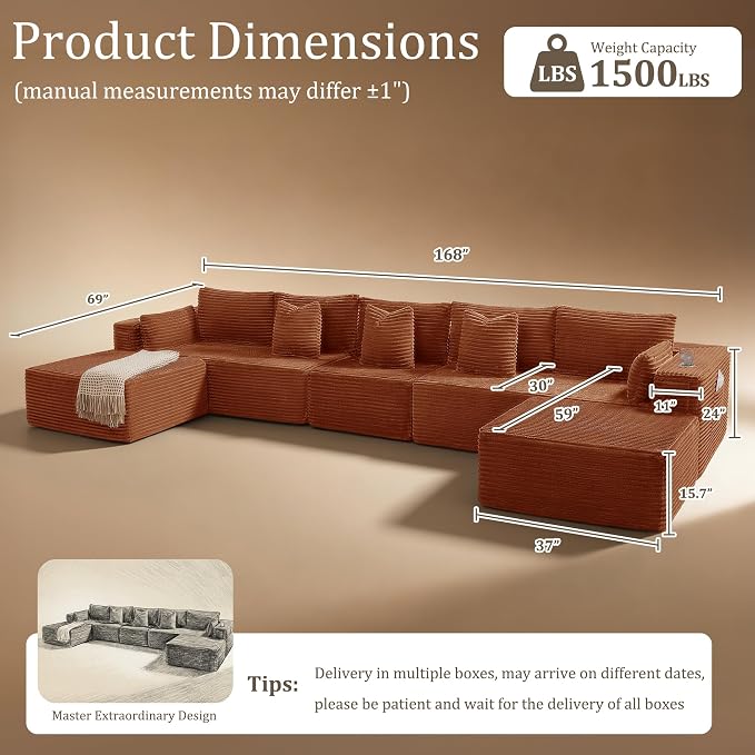 168" Cloud Sectional Couch, Comfort U Shaped Sofa - Image 2