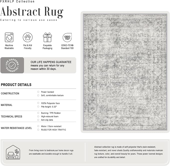 Area Rug Living Room: 6x6 Modern Washable Soft Carpet Black Grey | - Image 3