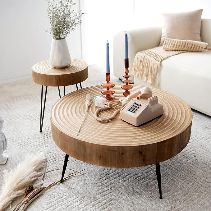 COZAYH 2-Piece Round Nesting Coffee Table Set, Natural Wood Top - Image 2