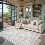 Grey Floral Area Rug 4x6 for Bedroom Dining Room | Boho Style; Low Pile; Non - Image 6