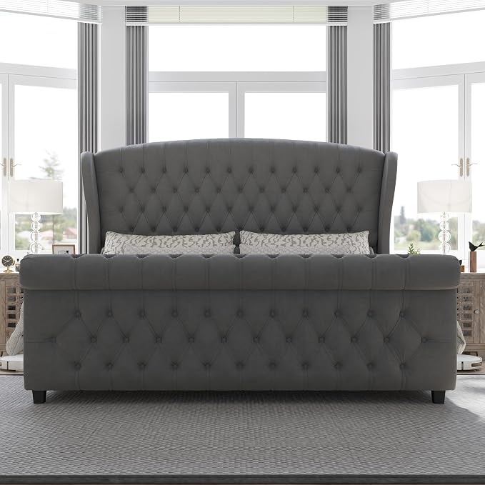 AMERLIFE California King Size Platform Bed Frame, Velvet Upholstered Sleigh Bed - Image 3