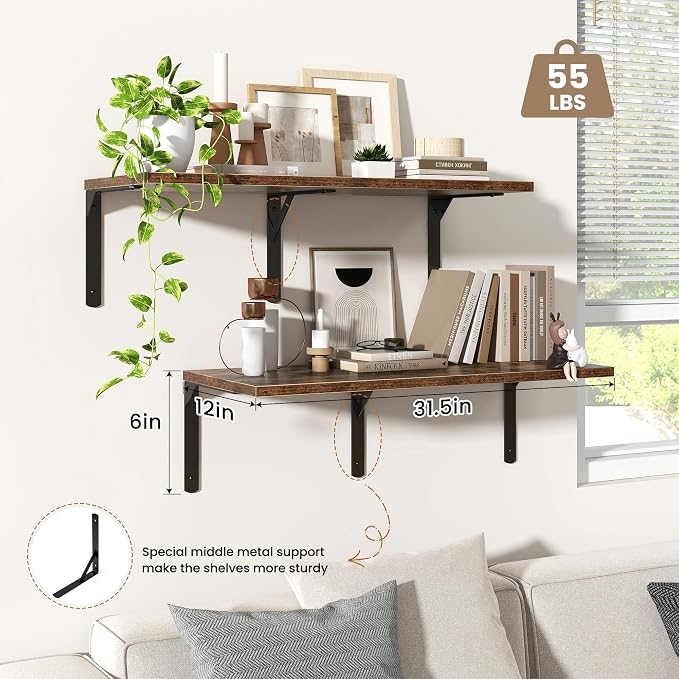 Fun Memories Rustic Brown 12 Inch Deep Floating Shelves Set of 2, Wall Mounted - Image 4