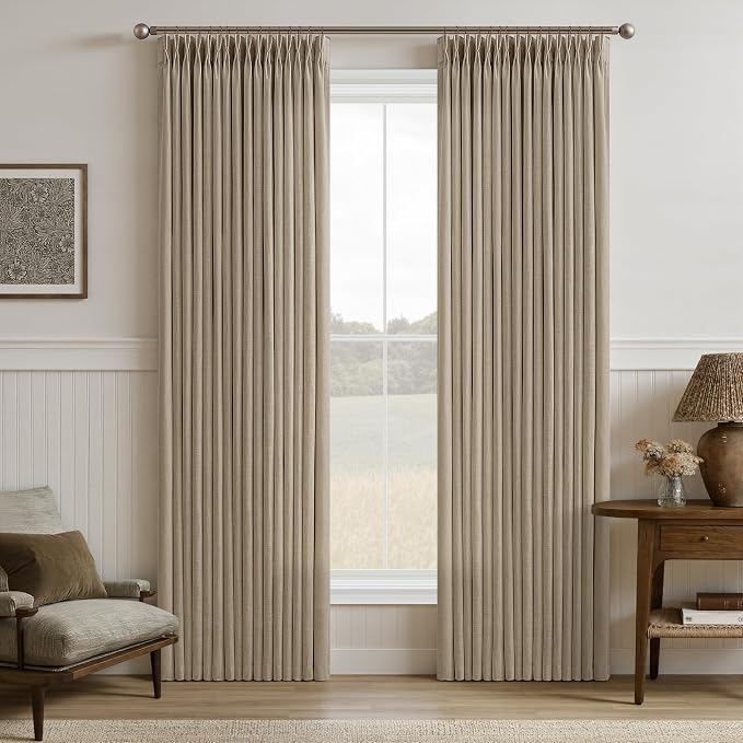 Pinch Pleat 84 Inch Semi Sheer Linen Memory Trained Curtains Camel Tan 50W | by Twodrapes