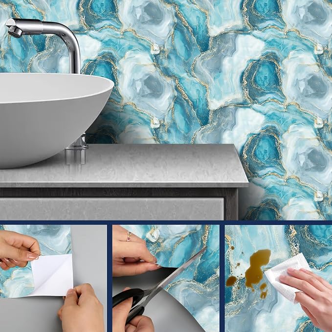 HOMETITUTE Teal Agate Marble Wallpaper Peel and Stick Blue Stone Pattern - Image 4