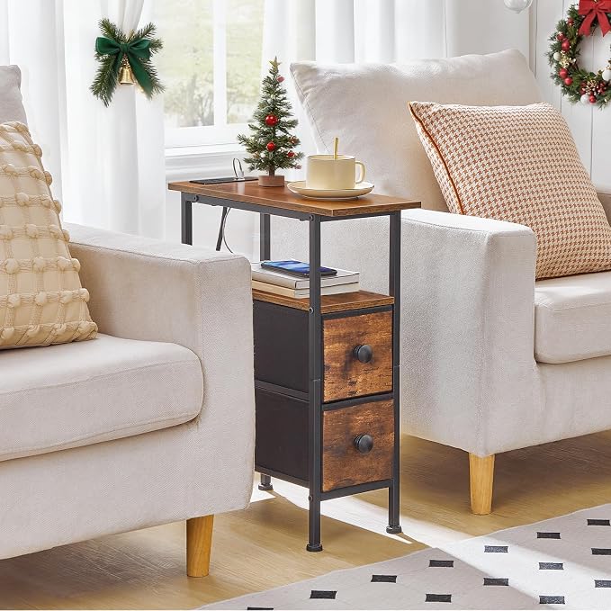 HOOBRO End Table with Charging Station, Narrow Side Table with 2 Fabric Drawers - Image 4