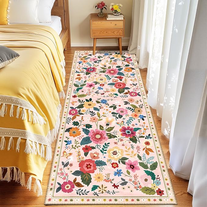 Floral Washable 2x8 Area Rugs Runner Entryway Hallway Pink | Flower Carpet - Image 7
