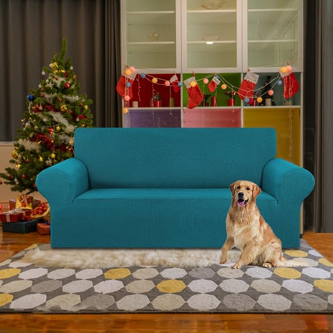 Stretch Loveseat Couch Cover, 2 Cushion Couch Slipcover, Peacock Blue | 1-Piece - Image 2
